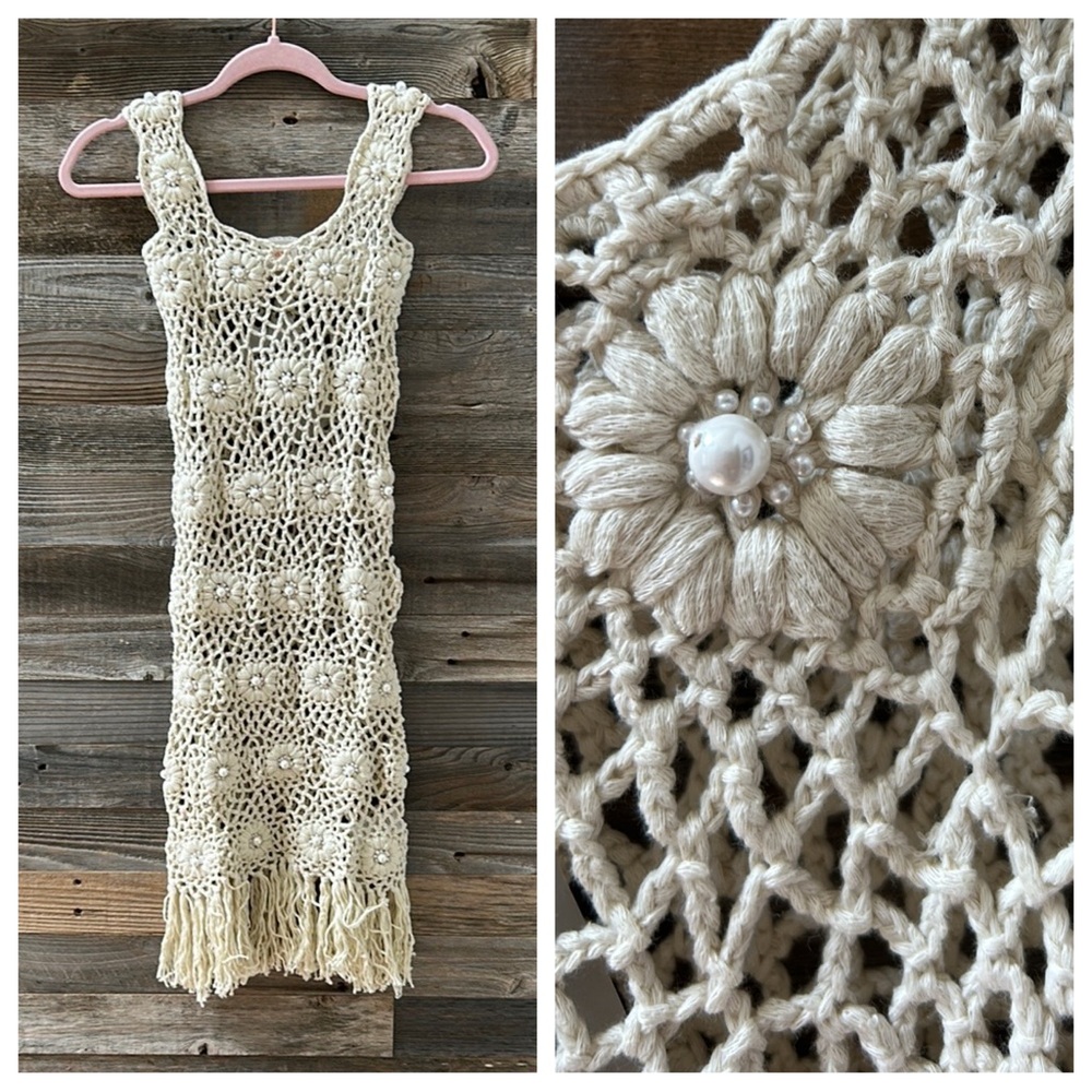 NWT TACH Anthropologie Eugenides Crochet Mini Dress Fringe Size Small